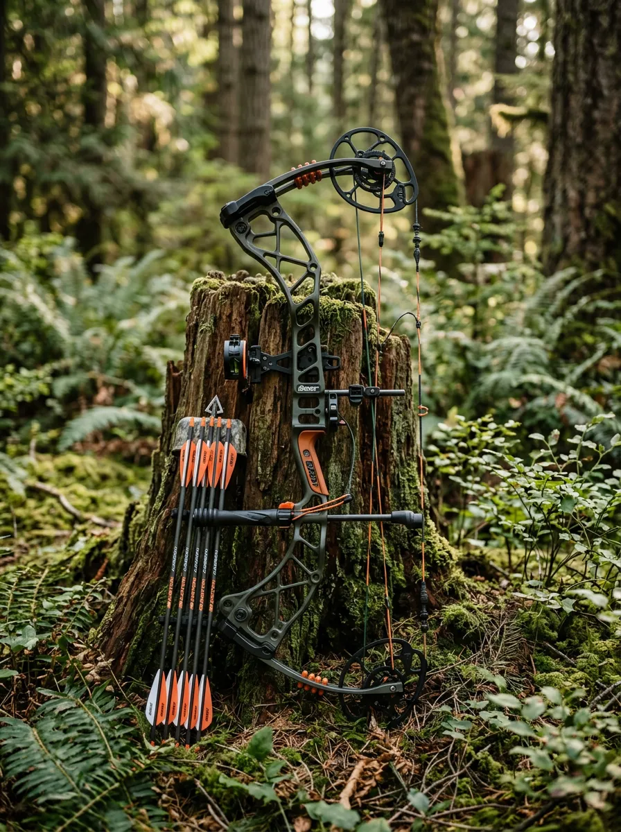 Compound bow and arrows resting on a mossy stump in a Pacific Northwest forest